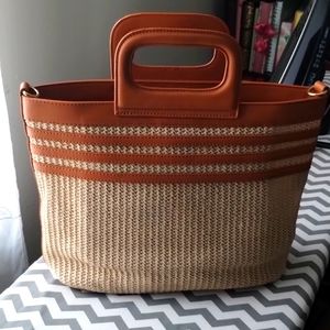 Raffia and leather tote